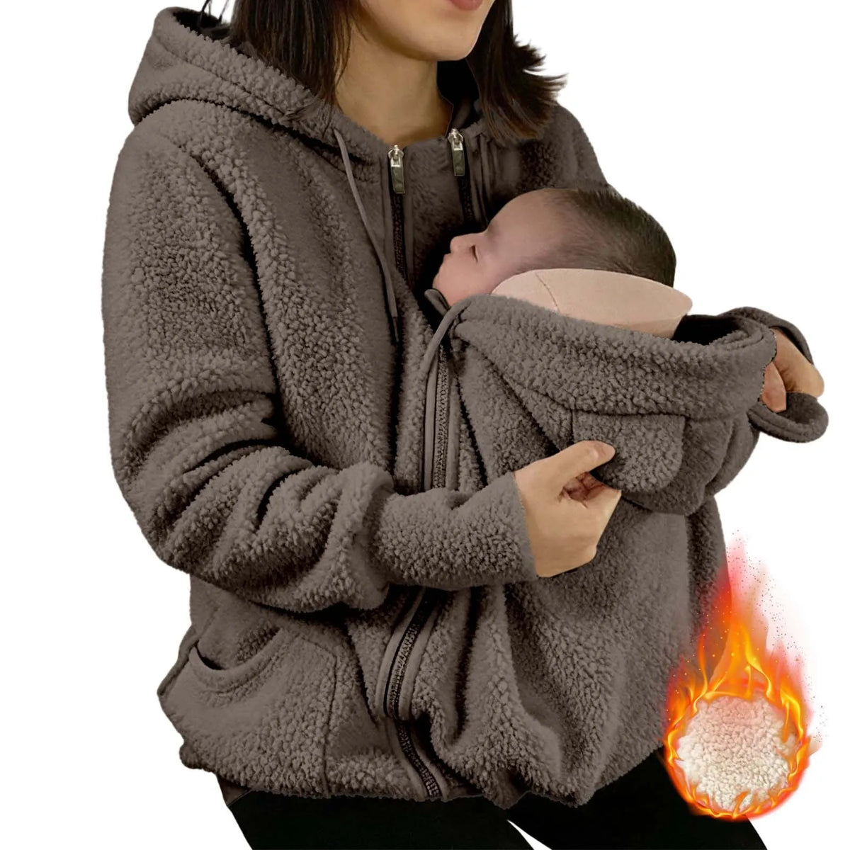 2 in 1 Warm Fleece Hoodie Coat with Baby Carrier Long Sleeve Faux Fur Plush Sweatshirt Outdoor Mom's Hoodie Jacket Baby Bag