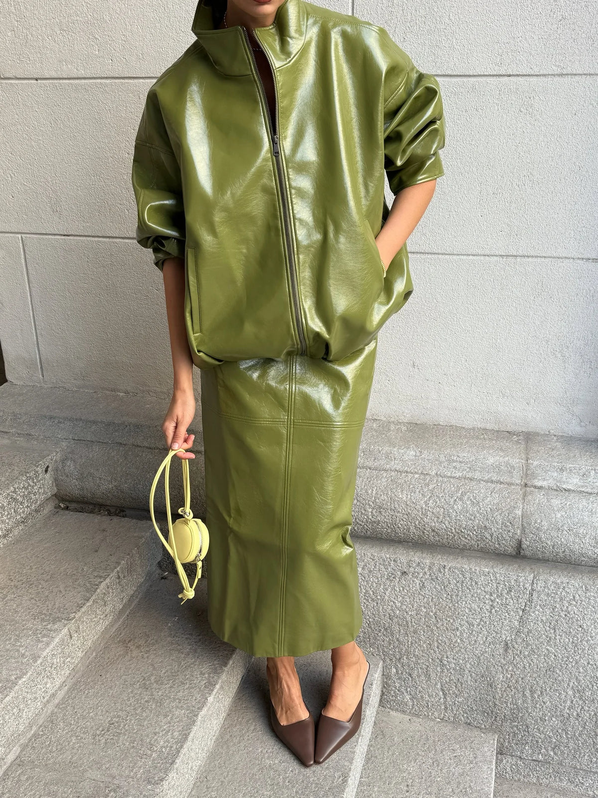 PU Leather Strapless Dresses Coat Women's Two Pieces Set Vintage Stand Jackets Long Straight Skirts 2025 Autumn Street Outfits
