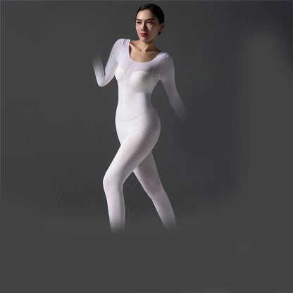 Combinaison moulante pour femme avec capuche, unité très élastique, huile brillante et lustrée, body sexy, gants à cinq doigts, collants gainants et fuselés.