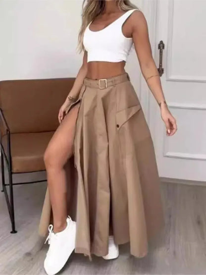 Women Fashion Solid Casual High Waist Skirt Set Summer White Tank Zipper Decoration With Belts Pockets High Slit Maxi Skirt Sets