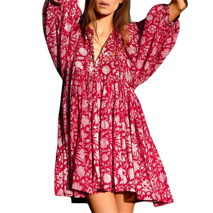 Women's Mini Dress, Half Sleeve V-Neck Lacing Flower Print Pleated Loose Summer Dress for Casual Daily