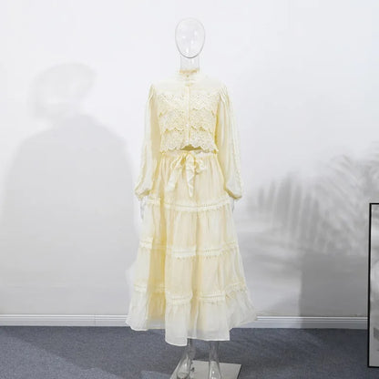 Robes longues évidées pour femmes, manches lanternes, laçage, perles, boutonnage simple, Vestidos, printemps, couleur unie, robe élégante 2026
