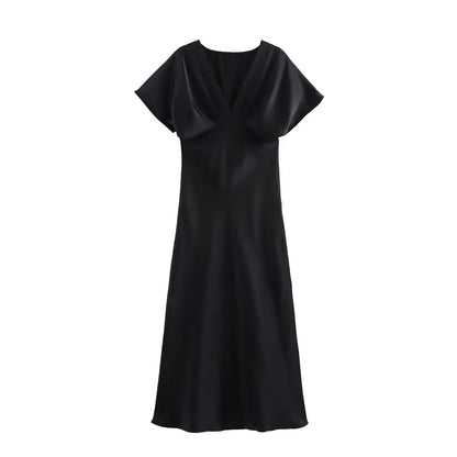 HH Women Elegant Solid Satin Dress Sexy V Neck Short Sleeve Midi Dress 2025 New Fashion Summer Lady Holidays Party Dress
