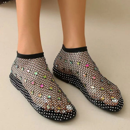2026 Summer Women's New Luxury Sequin Bottom Hollow Short Boots Water Diamond Sexy Flat Bottom Fashion Banquet Flats Sandals﻿