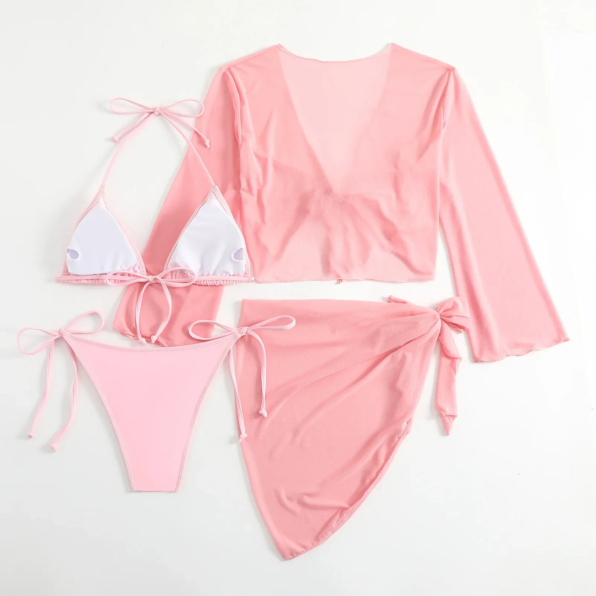 Ensembles de bikinis micro string roses pour femmes 4 pièces avec hauts en maille et jupe maillot de bain tenues de plage biquini