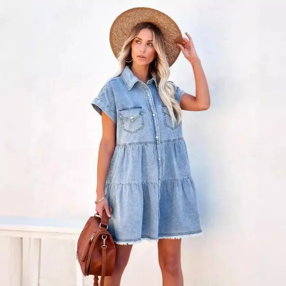 Mini Dress Women Vintage Denim Dresses Distressed Turn Down Collar Single Breasted Pockets Splice Vestidos 2025 Streetwear