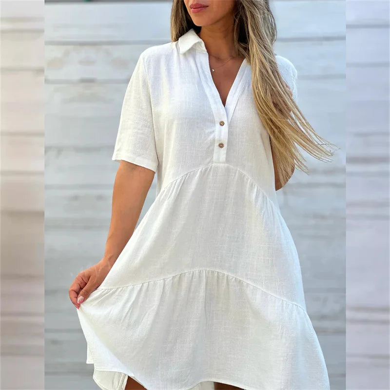 Robes en coton et lin de couleur unie pour femmes, robe patchwork à revers et boutons, robe d'été décontractée, taille haute, manches courtes, tenue féminine.