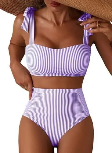 Women Two-piece Halter Vest Swimwear Sexy Striped Ruffle High Waisted Bikinis Set Female Bathing Suit Tie Strap Beachwear