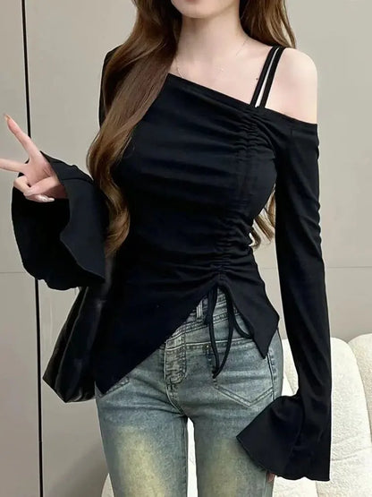 Haut court blanc à épaules dénudées avec cordon de serrage, élégant et sexy, pour femme, manches longues, T-shirt moulant, hauts à manches évasées, pulls.