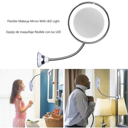 Miroir de Maquillage Flexible Col de Cygne avec Lumière LED Miroir Grossissant 10X Ventouse Lumière Diffuse Brillante et Pivotant à 360 Degrés