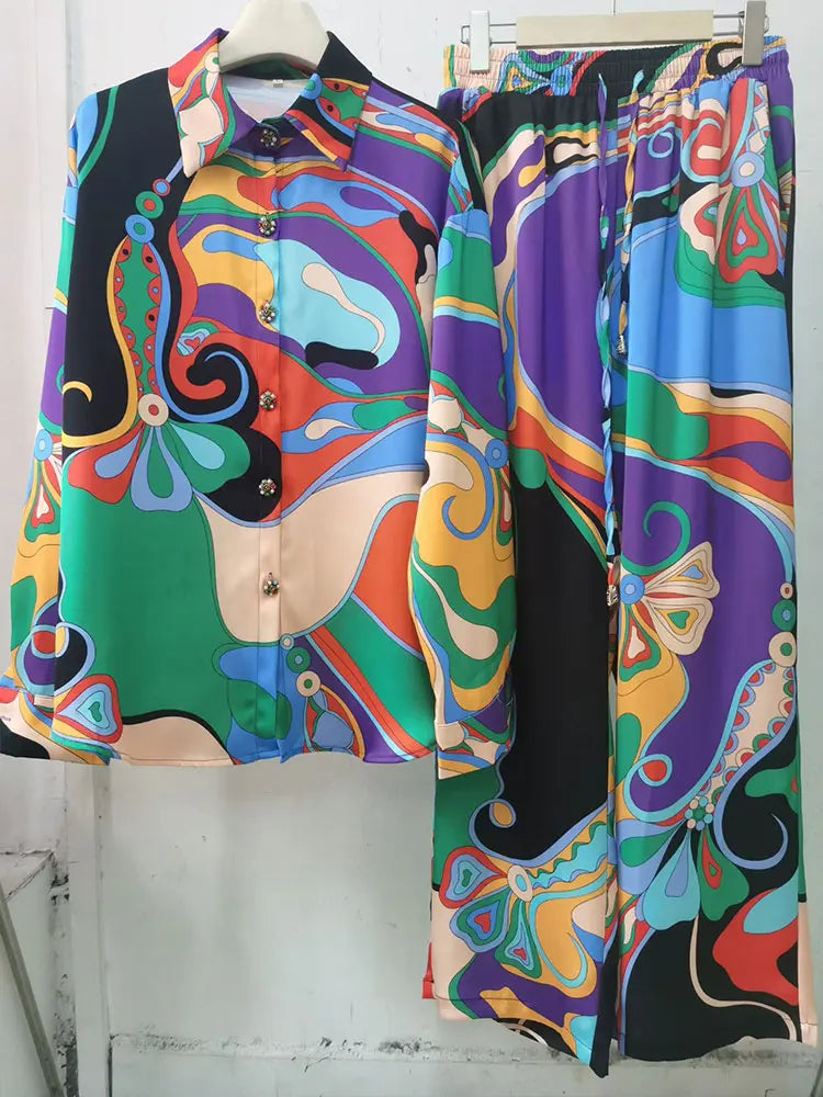 Women 2 Piece Outfits Abstract Print  Shirt Wide Leg Pants Set Elegant Long Sleeve Lapel Blouse Elastic Waist Trousers Matching