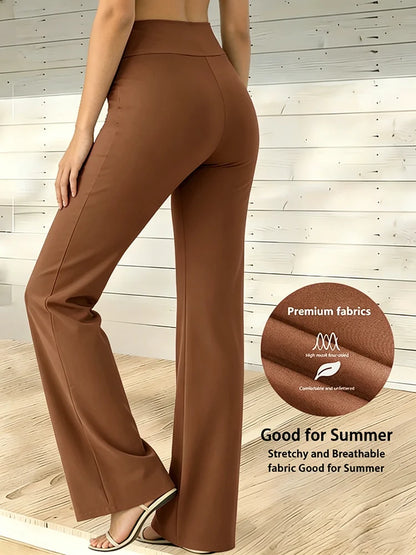 Women's high-waisted straight-leg pants - brown wide-leg pants, with a hip-raising design, suitable for casual and daily wear