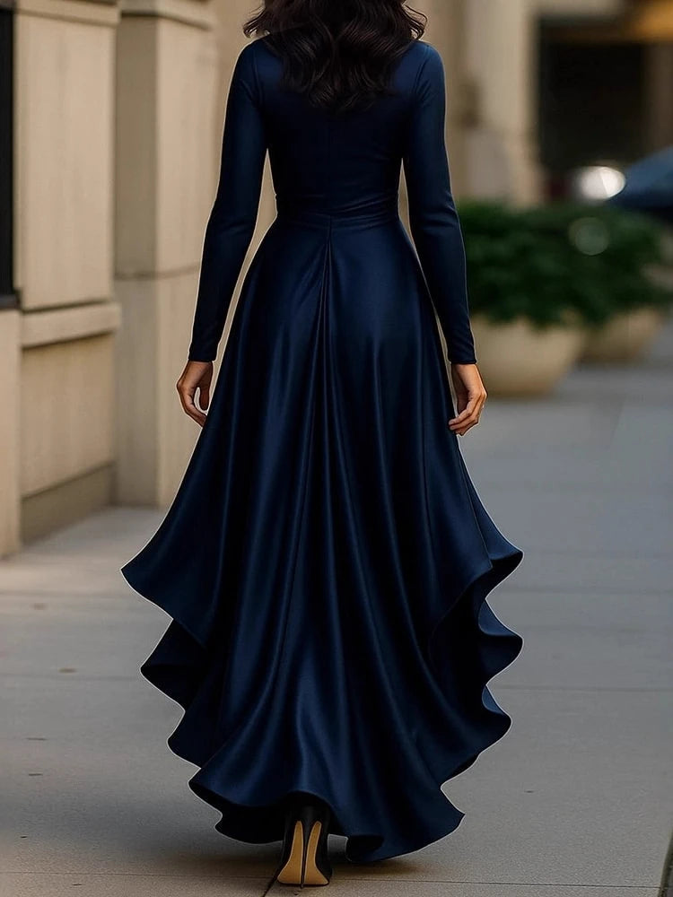 Women's Deep V-neck Ruffled Evening Gowns Solid Color Long Sleeves Lace-up High Waist Satin Party Dresses Wedding Guests Dress
