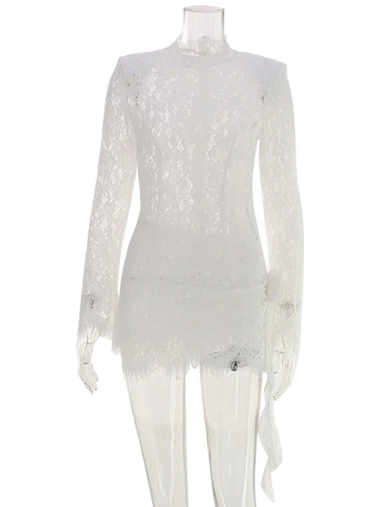 Mini Dresses Long Sleeves For Female O-Neck Slim Tight Bodycon Elegant Solid Soft Daily Casual Lace Patchwork Sheer Sexy Folds