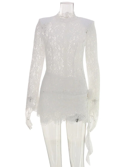 Mini Dresses Long Sleeves For Female O-Neck Slim Tight Bodycon Elegant Solid Soft Daily Casual Lace Patchwork Sheer Sexy Folds