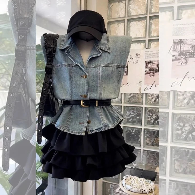 Women Y2K 2 Piece Denim Outfits Casual Denim Jacket Coat + Mini Skirt Retro Korean Fashion Jean Two‑Piece Suit Streetwear Sets