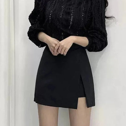 Mini-jupes noires Femme Fentes latérales irrégulières Taille haute Jupes-shorts trapèze Été Mode coréenne Chic Jupe portefeuille Femme
