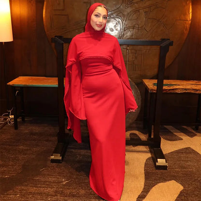Robe longue Cape avec bordure en perles blanches pour femmes, manches longues, taille cintrée, Abaya musulmane, collection printemps Aïd 2026