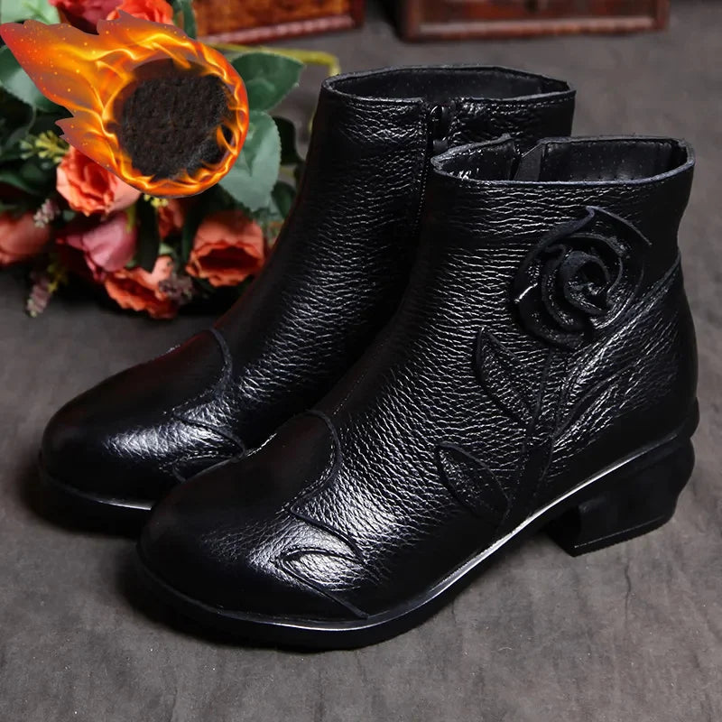 Red Leather Ankle Boots Woman Autumn Low Heel Fur Bootie Ladies Vintage Handmade  Hollow Shoes fashion floral Mujer Booties﻿