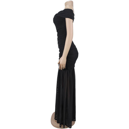 Dresses for Woman 2026 Elegant Sexy Off Shoulder Ruched Cinched Waist Evening Party Mesh Maxi Long Dress Slim Fit Fishtail Gown