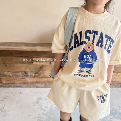 2pcs Summer Baby Clothes Set Children Boy Girl Cartoon Bear T-shirts and Shorts Suit Kid Casual Top Bottom Outfits Tracksuits