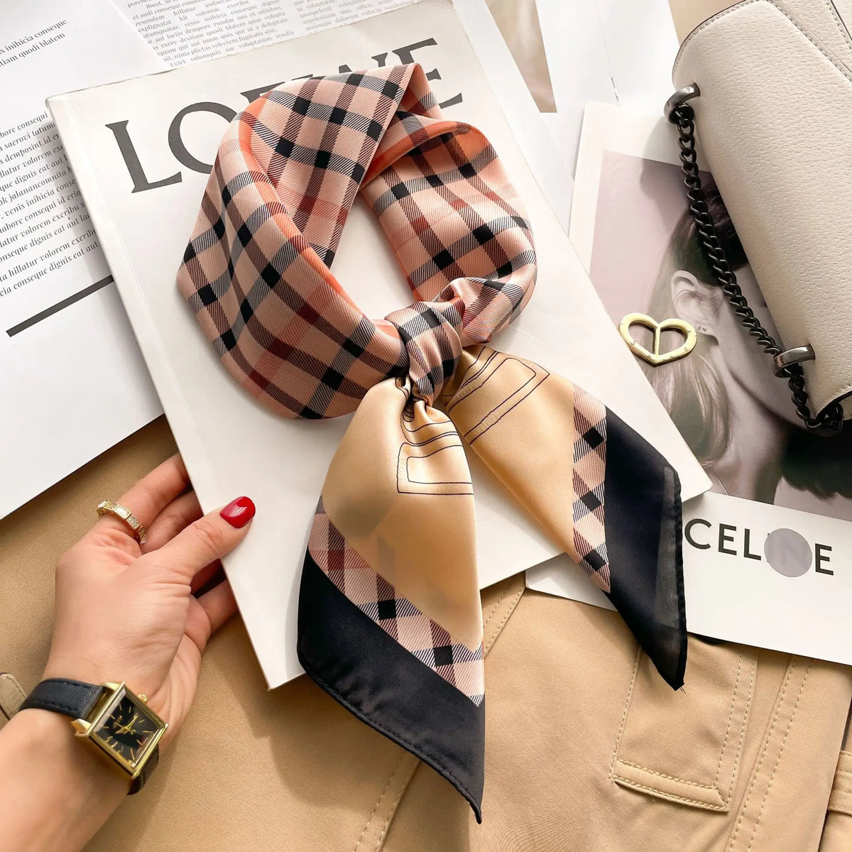 2025 Summer Hijab Head Girl Luxury Silk Square Plaid Scarf Women Satin Neck Hair Tie Band Soft Work Neckerchief