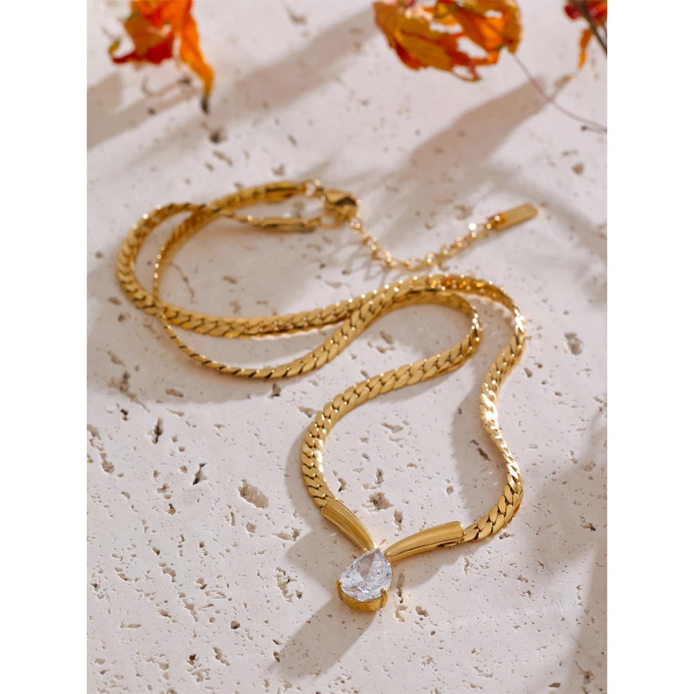 Yhpup Stainless Steel High Quality Polished Chain Cubic Zirconia Statement Necklace Real Gold PVD Plated Fashion Shiny Jewelry