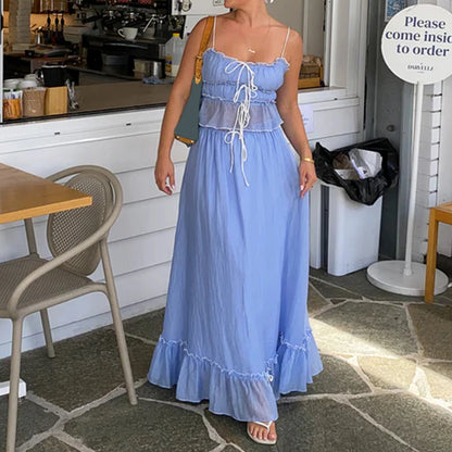Women Y2k 2 Piece Outfits Patchwork Front Tie-Up Camisoles and Ruched Ruffle Maxi Skirt Matching Set Beachwear