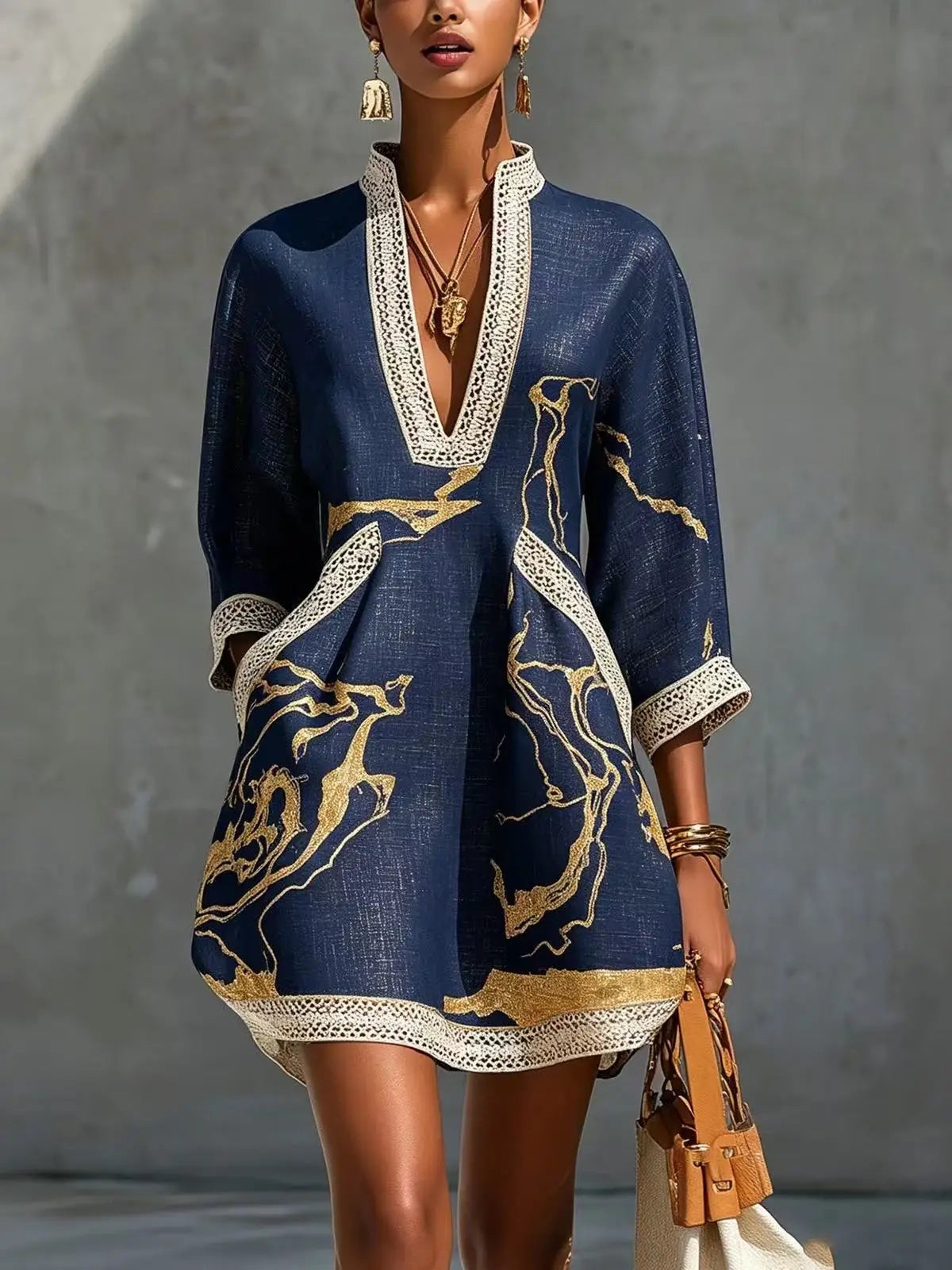 B Elegant Mini Dress for Women Fashion Lace Trim V Neck Abstract Print 3/4 Sleeve Pocket Dress Casual Commuting Vacation Dresses