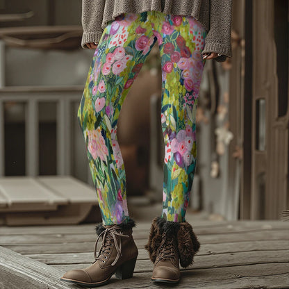 Colorful Blooming Flowers Pattern Women's Leggings Autumn Winter Warm Fashion Tights Stylish Outdoor Look Fashion Streetwear