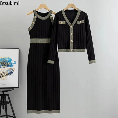Ensembles de robes de style français pour femmes, taille haute, deux pièces tricotées, pull, robe débardeur et manteaux, mode élégante printemps-automne