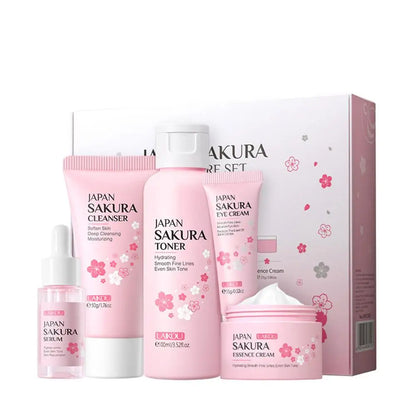 Coffret de Soins du Visage Nettoyage de la Peau Sakura Coffret de Soins pour Femmes et Filles avec Nettoyant, Tonique, Sérum Visage, Crème et Crème Contour des Yeux