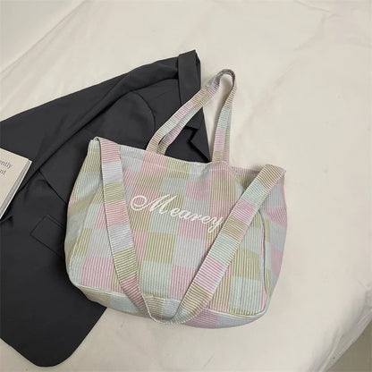 2025 Summer New Trends Striped Plaid Tote Bags For Women Cotton Fabric Letter Prints Large Capacity Shoulder Shopper Student Bag
