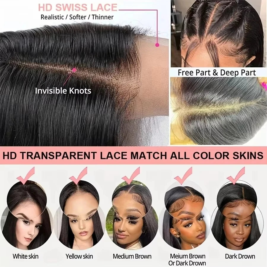 Perrque de cheveux brésiliens humains 4x4 sans colle, prête à porter, de 36, 38, 40 pouces, perruques frontales en dentelle HD transparente 13x4 13x6, lisses comme des baguettes.