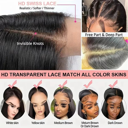Perrque de cheveux brésiliens humains 4x4 sans colle, prête à porter, de 36, 38, 40 pouces, perruques frontales en dentelle HD transparente 13x4 13x6, lisses comme des baguettes.