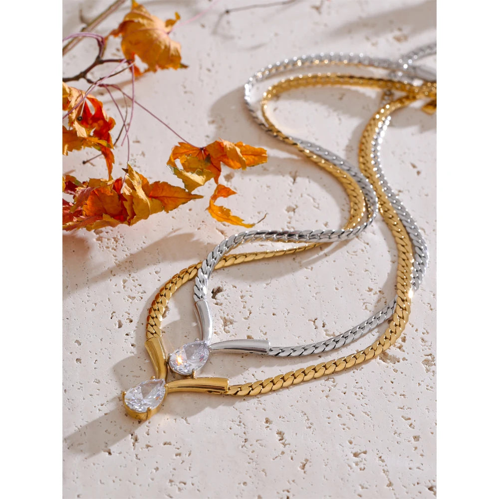 Yhpup Stainless Steel High Quality Polished Chain Cubic Zirconia Statement Necklace Real Gold PVD Plated Fashion Shiny Jewelry