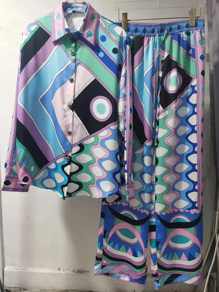 Women 2 Piece Outfits Abstract Print  Shirt Wide Leg Pants Set Elegant Long Sleeve Lapel Blouse Elastic Waist Trousers Matching