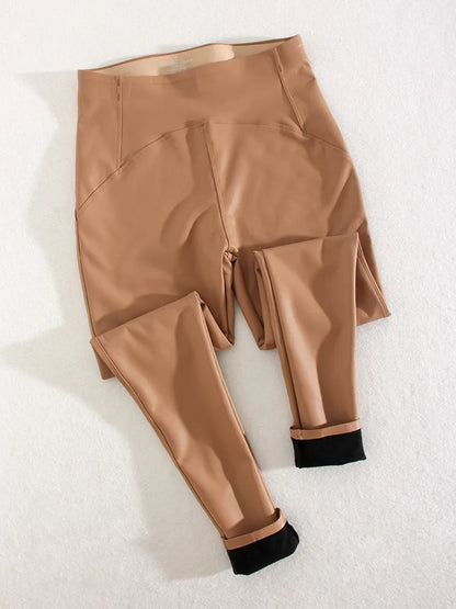 Winter Thin Fleece Pu Leather Leggings For Women High Waist Stretch Basic Faux Leather Pants Velvet Black PU  Warm Legging Women