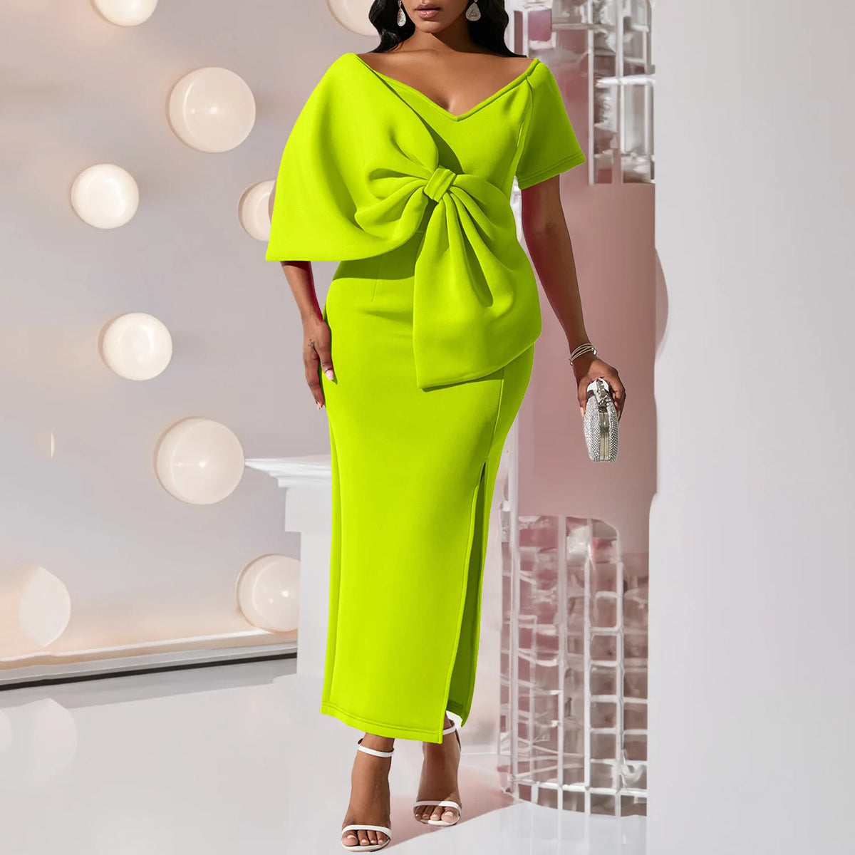 Elegant Party Dresses for Woman 2024 New V Neck Short Sleeve Big Bow Decorate Sheath Side Split Ankle Length Luxury Party Dress