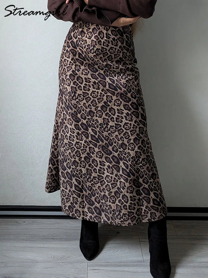 Jupe longue en daim imprimé léopard pour femme - Jupe longue trapèze marron vintage pour femme - Jupes longues en daim chaudes léopard pour l'hiver