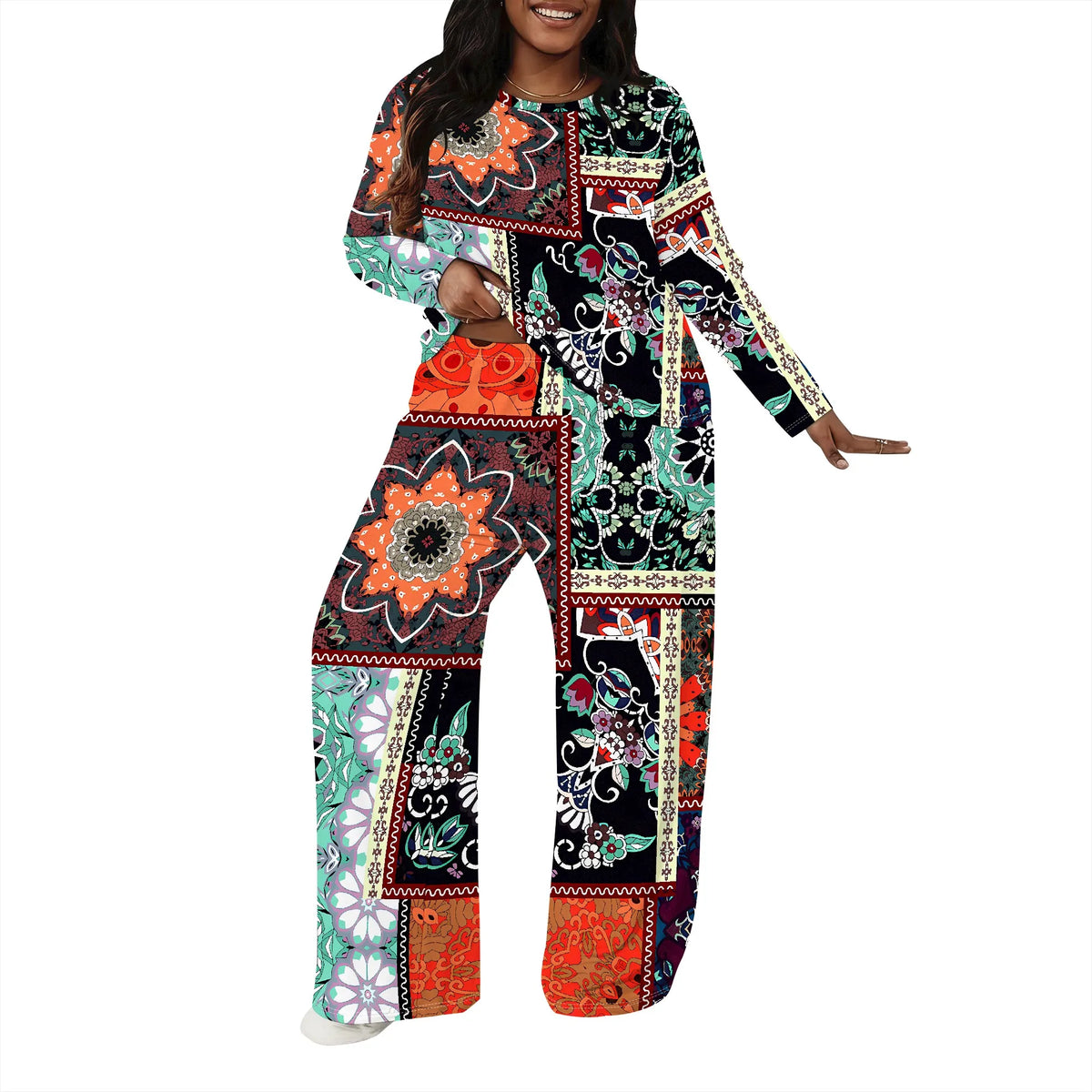 Plus size Women two-piece set with 3D geometric print casual loose round neck long sleeved two-piece set (pocket)