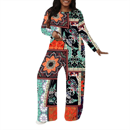 Plus size Women two-piece set with 3D geometric print casual loose round neck long sleeved two-piece set (pocket)