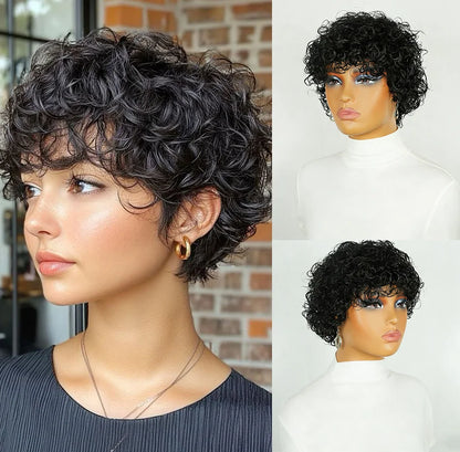 Short Water Wave Human Hair Wig with Bangs Short Pixie Cut Wigs for Black Women Brazilian Virgin Human Hair Machine Made Wigs