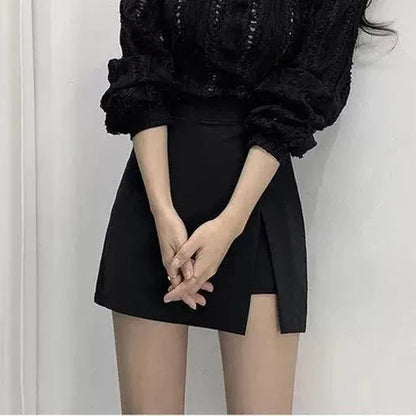 Mini-jupes noires Femme Fentes latérales irrégulières Taille haute Jupes-shorts trapèze Été Mode coréenne Chic Jupe portefeuille Femme