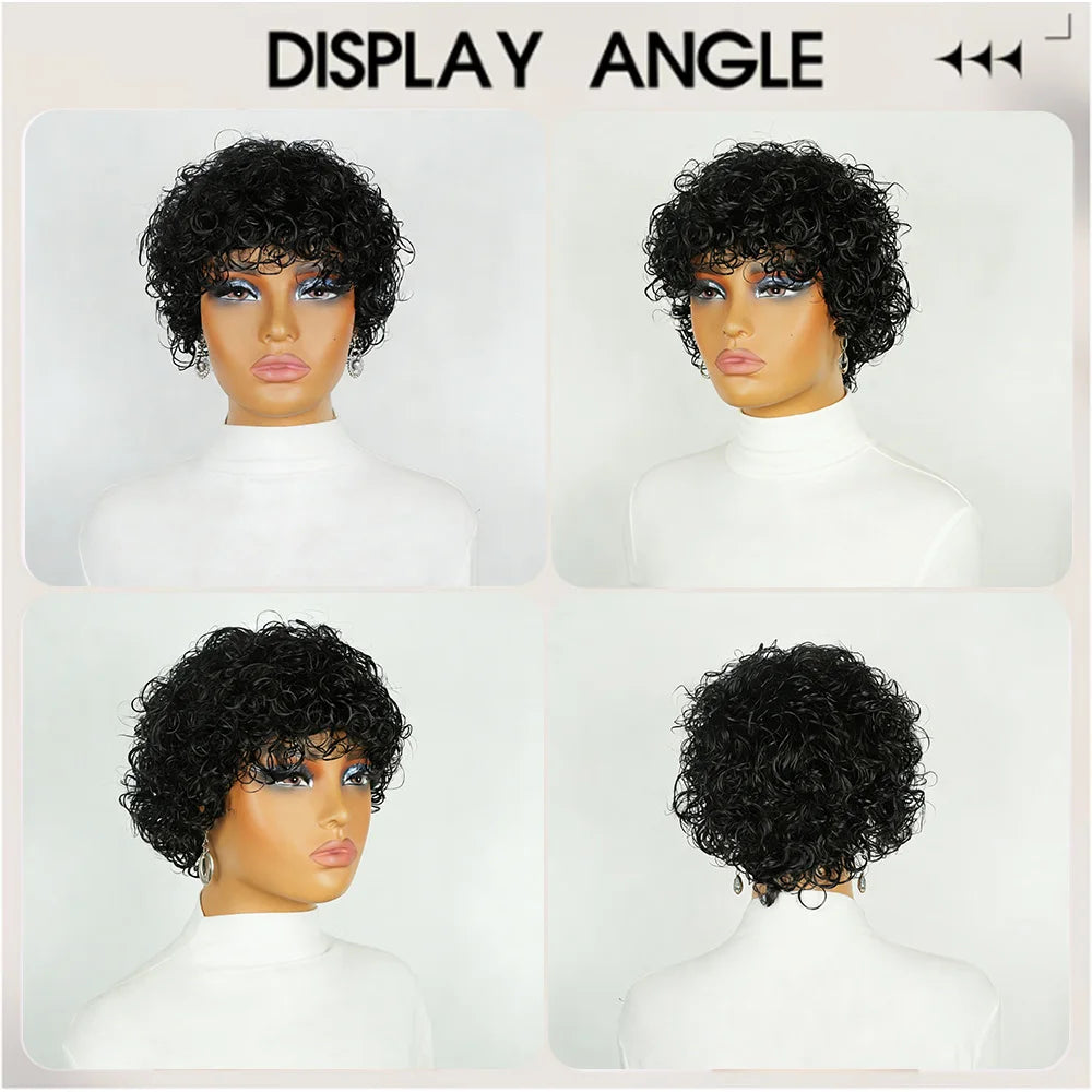Short Water Wave Human Hair Wig with Bangs Short Pixie Cut Wigs for Black Women Brazilian Virgin Human Hair Machine Made Wigs