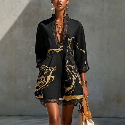 Elegant Mini Dress for Women Fashion Lace Trim V Neck Abstract Print 3/4 Sleeve Pocket Dress Casual Commuting Vacation Dresses
