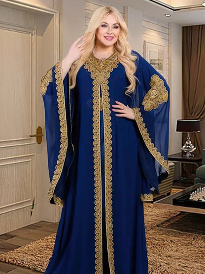 Party Dresses for Women Abaya Muslim Caftan 2 Piece Set Eid Flare Sleeves Robe Embroidered Gold Lace Dress Suit Jalabiya Ramadan