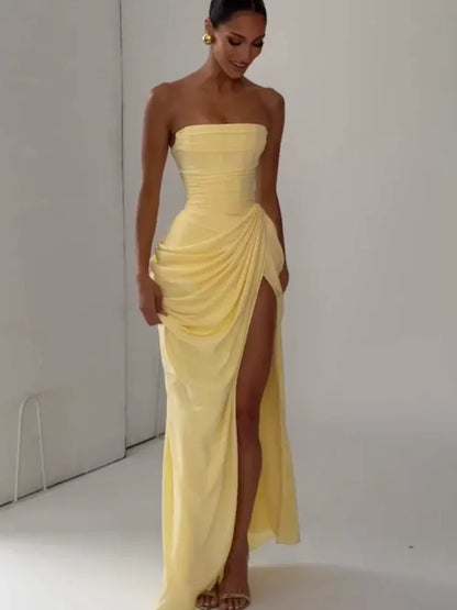 Robe Femme Sexy Unie Plissée Sans Bretelles Chic Épaules Dénudées Dos Nu Taille Haute Fendue Robes de Soirée 2026 Nouvelles