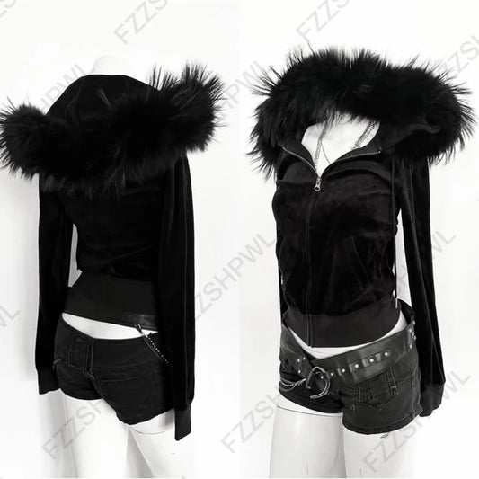 2026 Fall Winter Gothic Y2K Women's Hoodie Sexy Slim Casual Chic Fur Collar Cardigan Sweatshirt Grunge Harajuku Gyaru Streetwear