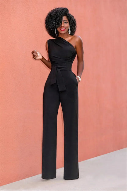 Combinaison Femme Unie Col Asymétrique Crop Top Pantalon Droit Ceinture Sexy Sans Manches Pantalon Ample Élégant Charmant Combinaison 2024